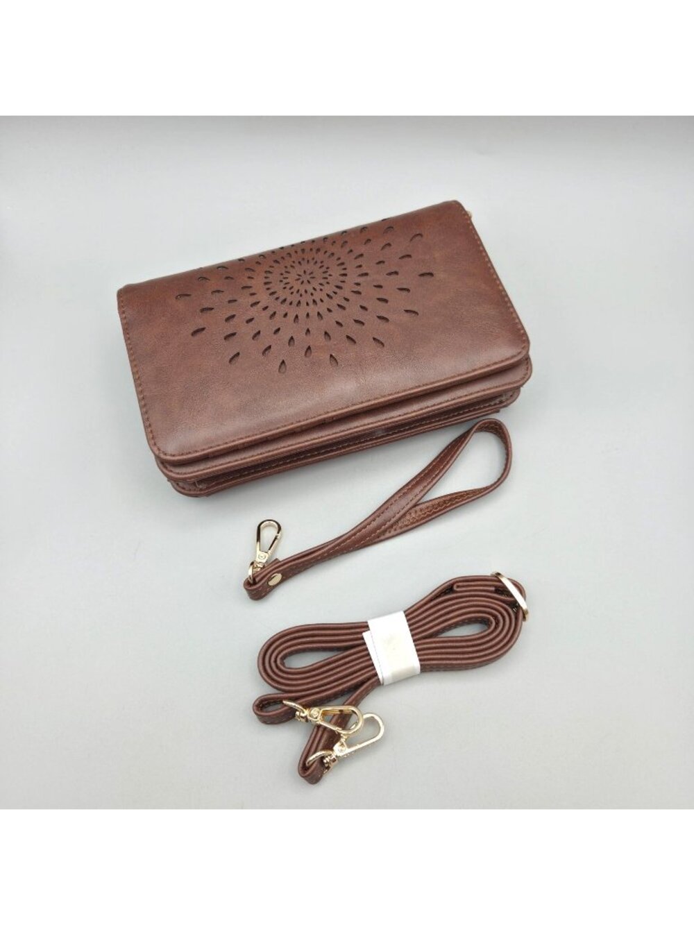Aphison Forever Young Brown Crossbody Wallet Laser Cut Floral Phone Bag NWOT